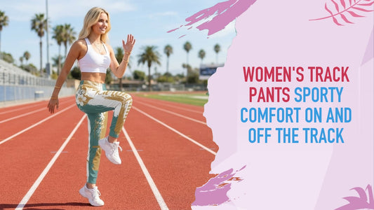 Woman warming up on a running track, in Weekend Mood print Girlie Vault joggers