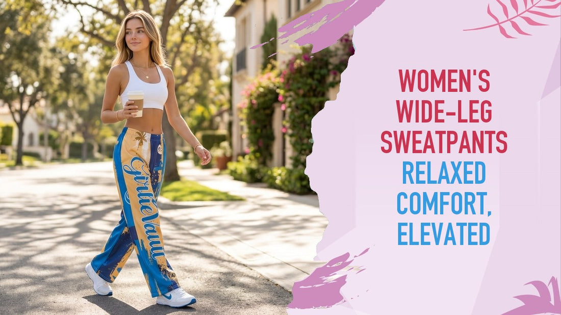 Woman walking a sunlit street with a coffee, in Main Character print Girlie Vault wide-leg pants