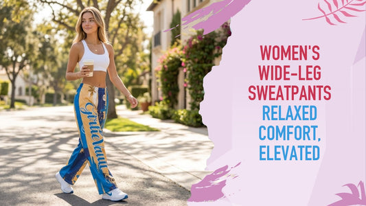 Woman walking a sunlit street with a coffee, in Main Character print Girlie Vault wide-leg pants