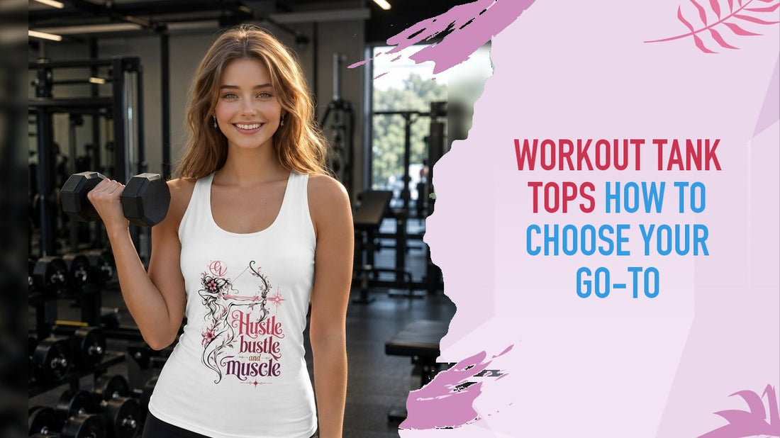 Woman curling a dumbbell in a gym, wearing the white Girlie Vault Hustle, Bustle and Muscle tank