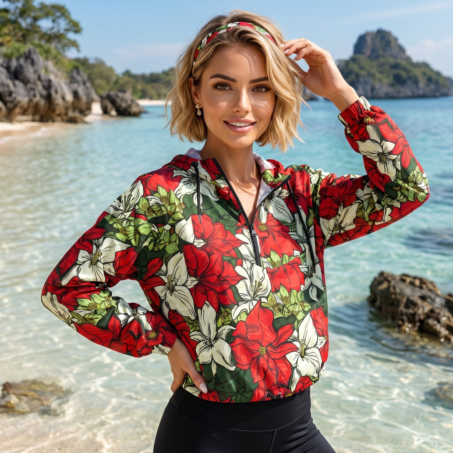 Red Color Floral Cropped Windbreaker