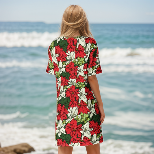 Red Color Floral T-shirt Dress