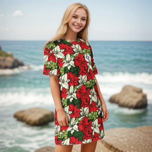 Red Color Floral T-shirt Dress