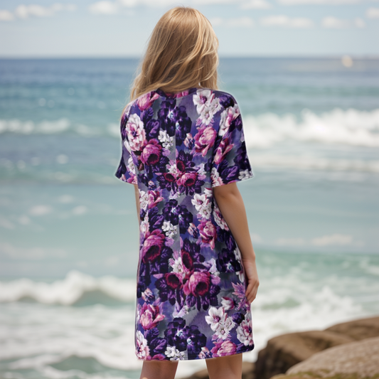 Purple White Flowers T-shirt Dress