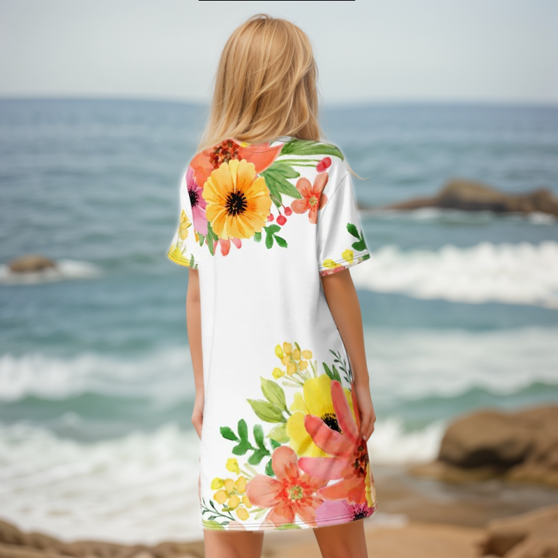 Spring White Floral T-shirt Dress