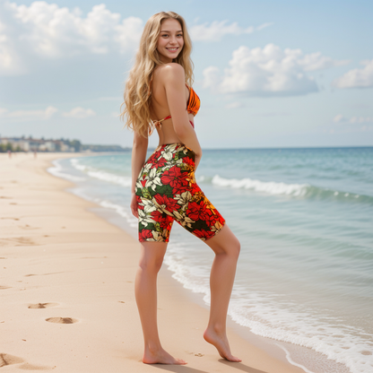 Red Color Floral Biker Shorts
