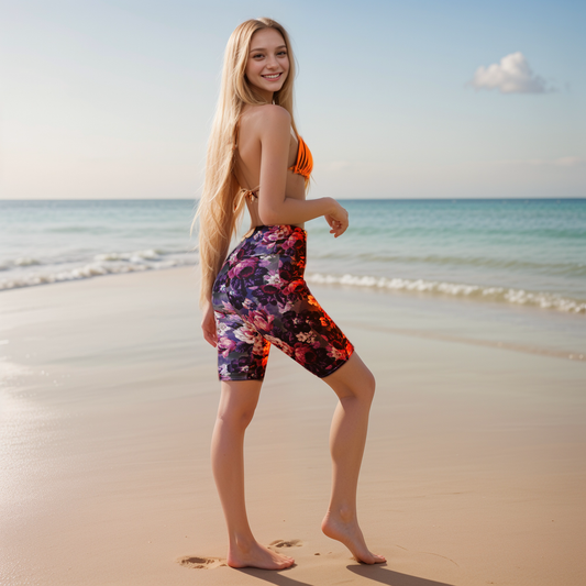 Purple White Flowers Biker Shorts