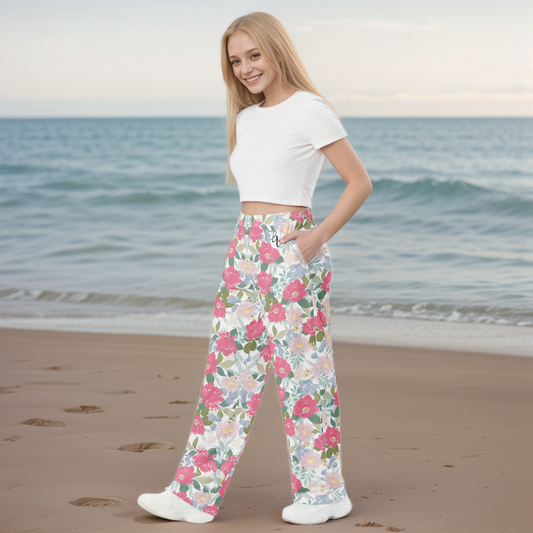 Iguana Green Peonies Wide Leg Pants