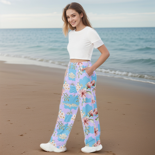 Leaves And Floral Blossom Wide Leg Pants