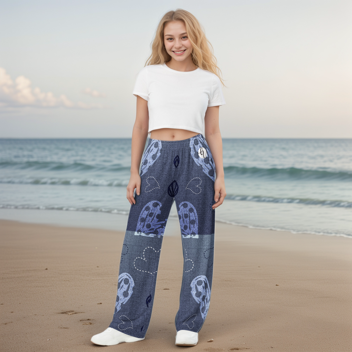 Grey Heart Floral Wide Leg Pants