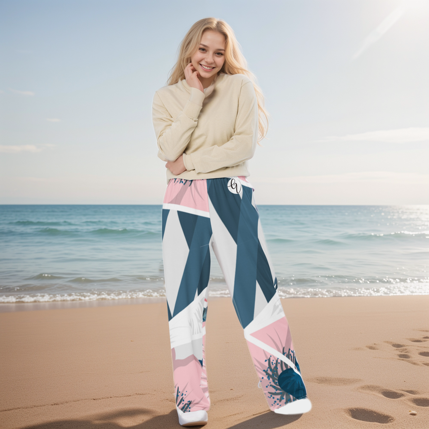 Peach Blue Pattern Wide-Leg Pants