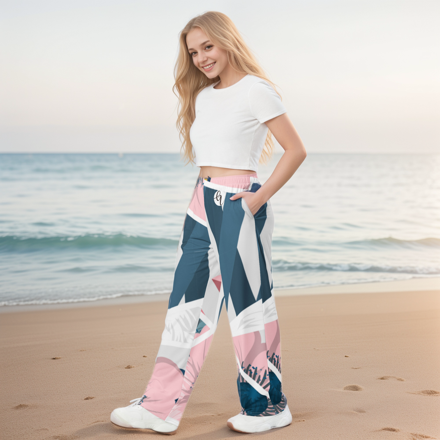 Peach Blue Pattern Wide-Leg Pants