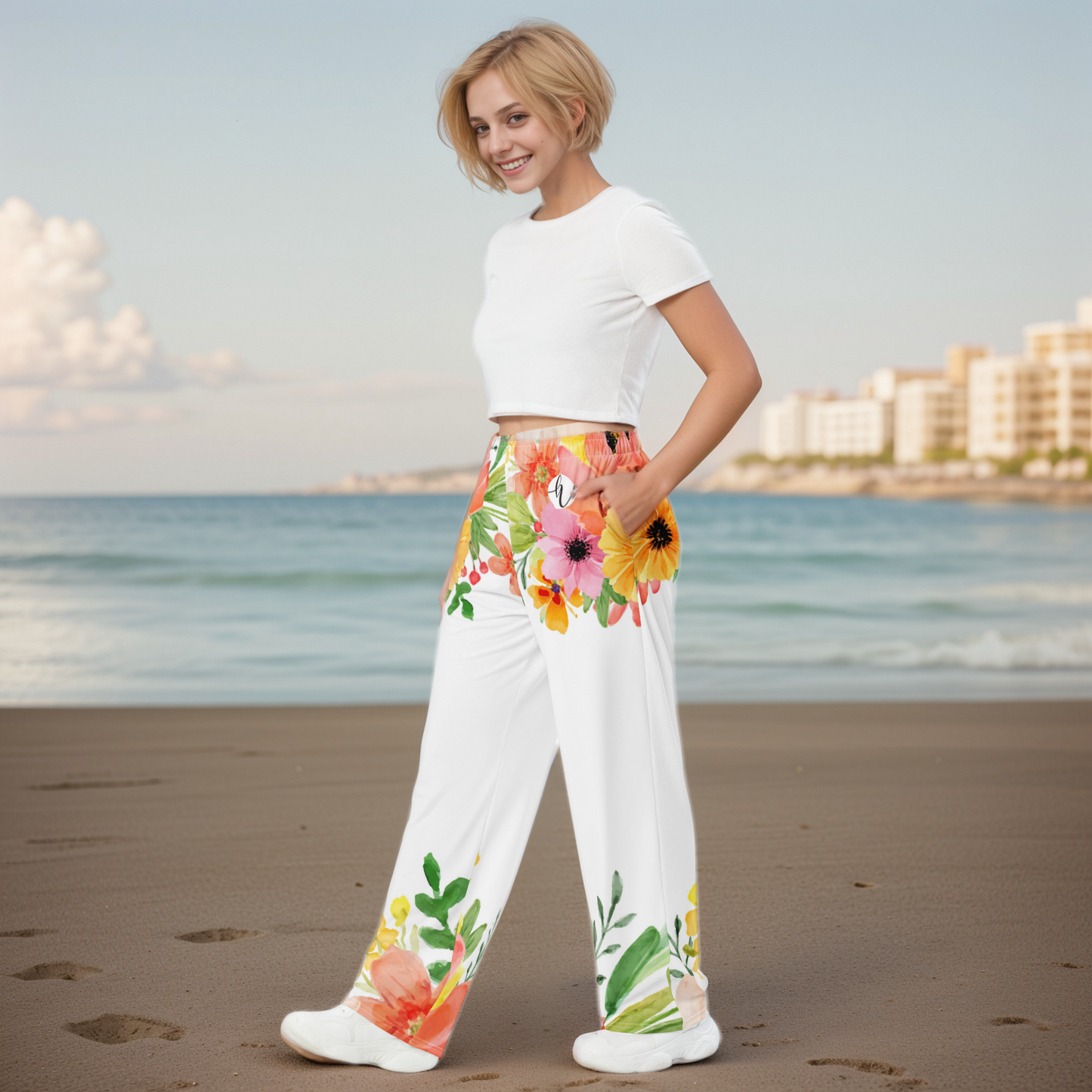 Spring White Floral Wide-Leg Pants