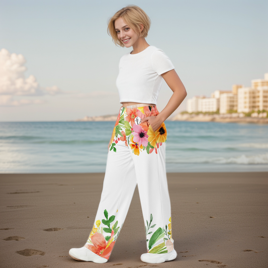 Spring White Floral Wide-Leg Pants