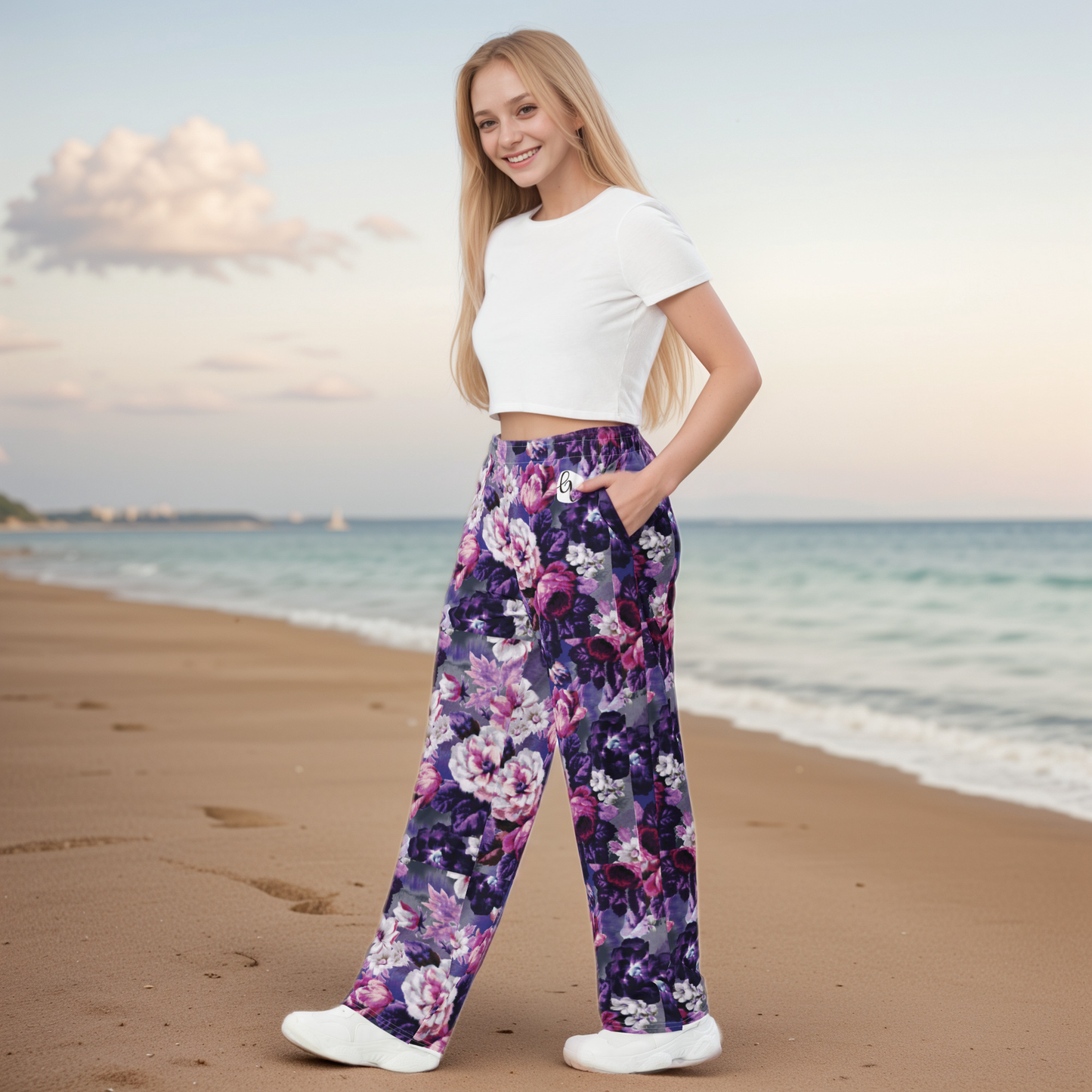 Purple White Flowers Wide-Leg Pants