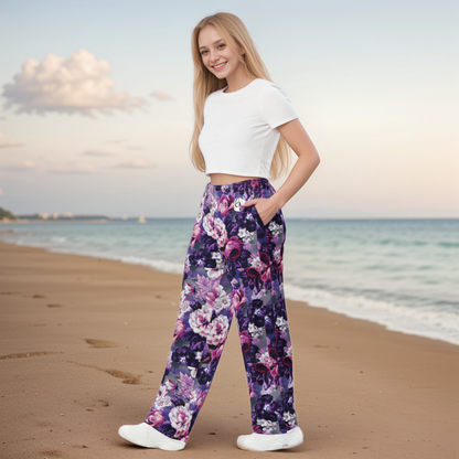 Purple White Flowers Wide-Leg Pants