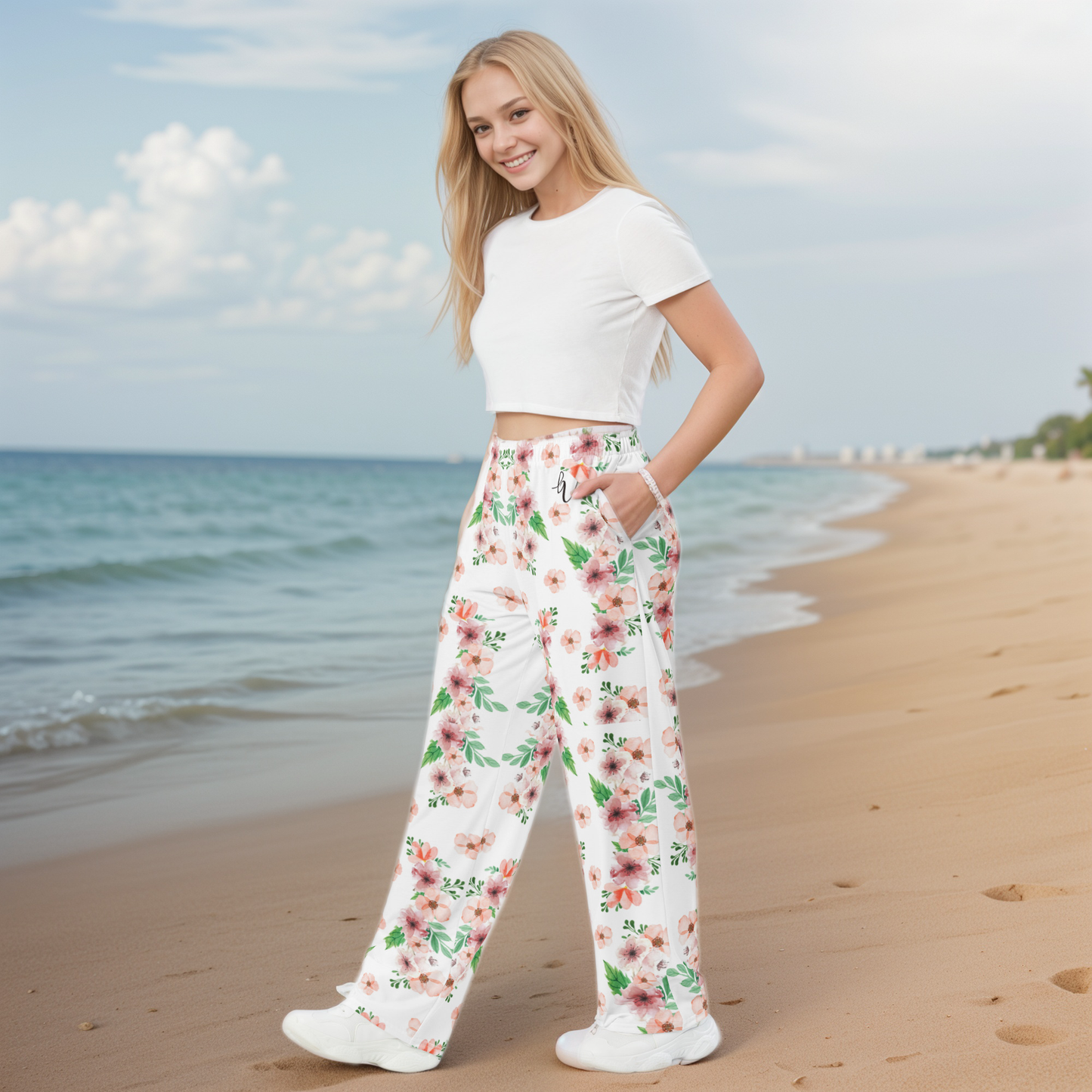White And Green Flowery Wide-Leg Pants
