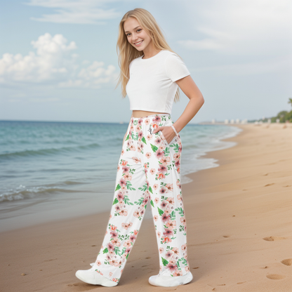 White And Green Flowery Wide-Leg Pants