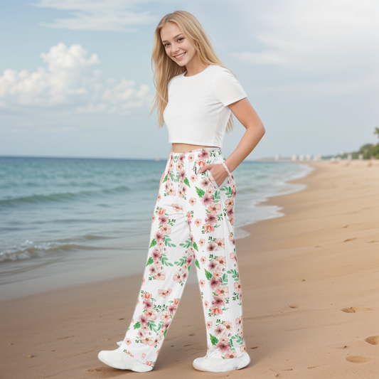 White And Green Flowery Wide-Leg Pants