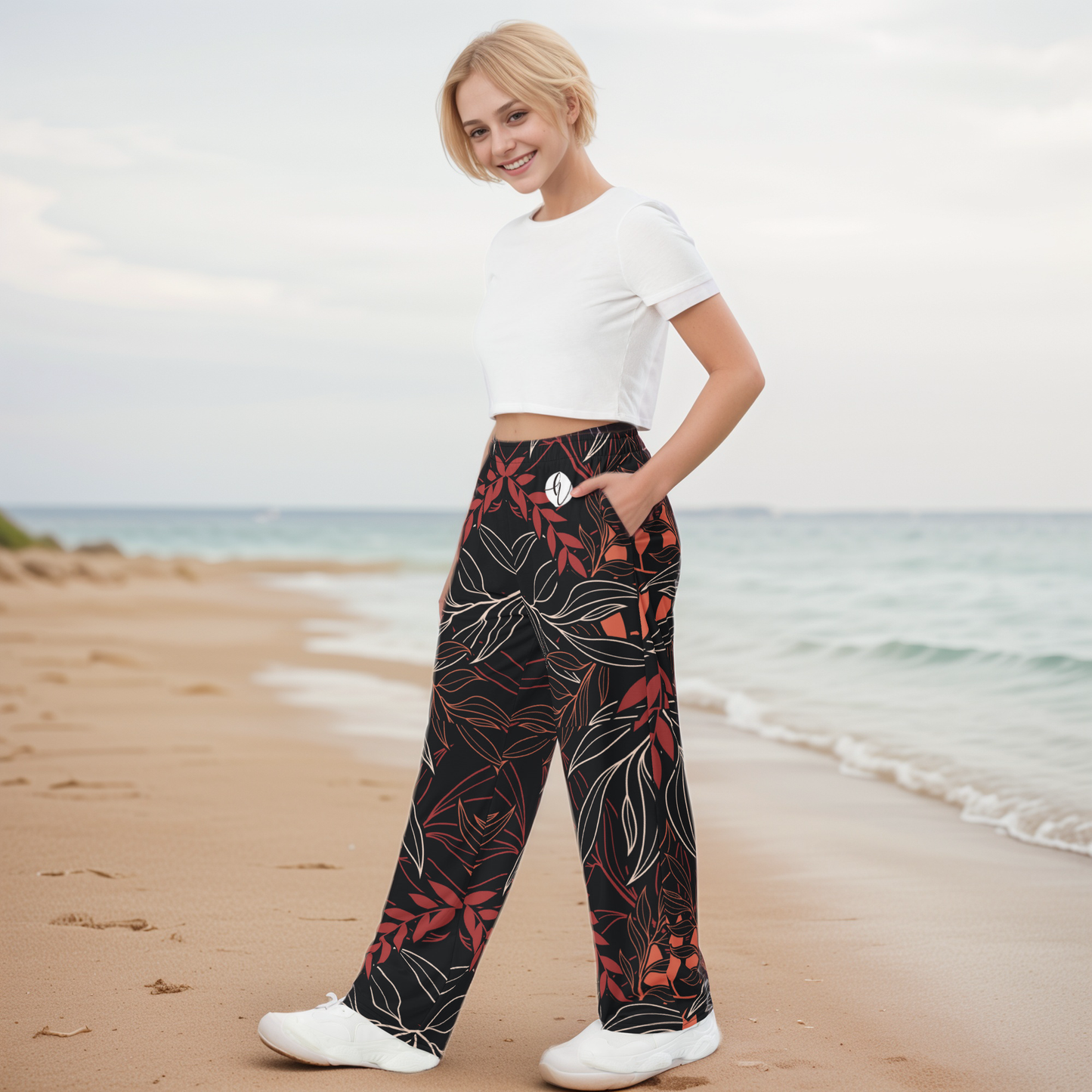 Palm Black Leaves Wide-Leg Pants