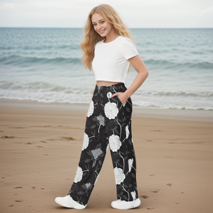 Viscose Black Fabric Leaves Wide-Leg Pants