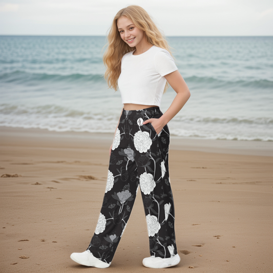 Viscose Black Fabric Leaves Wide-Leg Pants