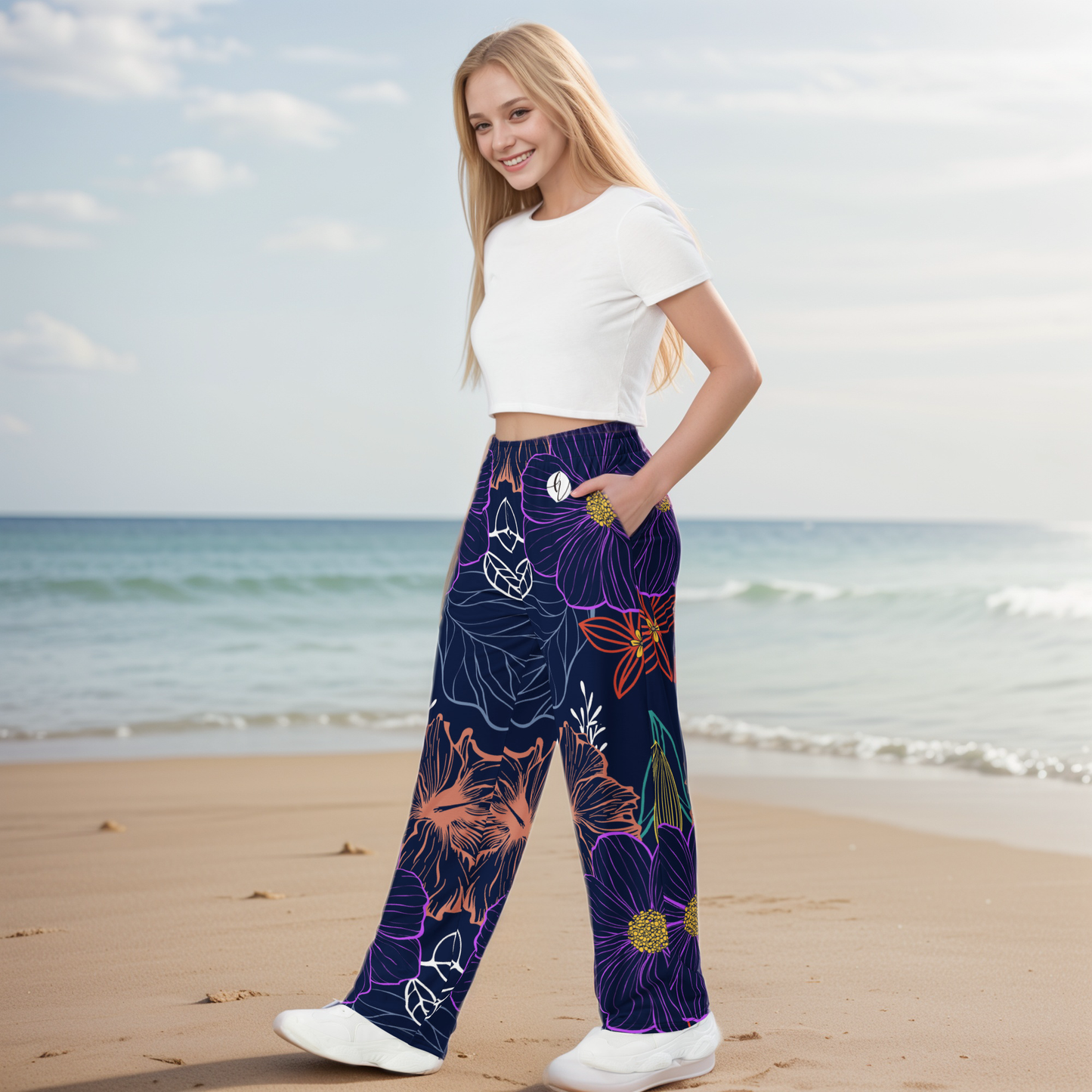 navy floral Wide-leg pants
