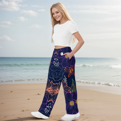 navy floral Wide-leg pants