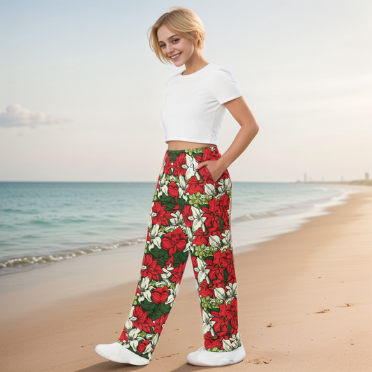 Red Color Floral Wide-Leg Pants