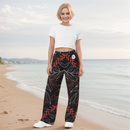 Palm Black Leaves Wide-Leg Pants