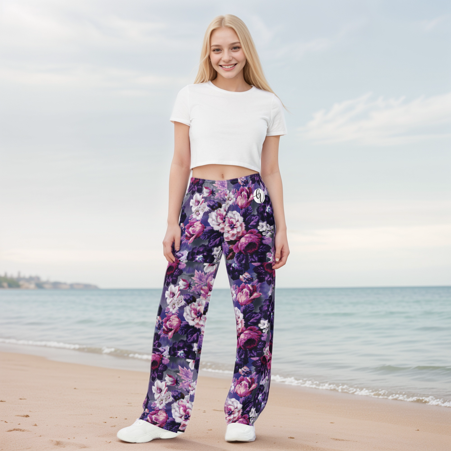 Purple White Flowers Wide-Leg Pants