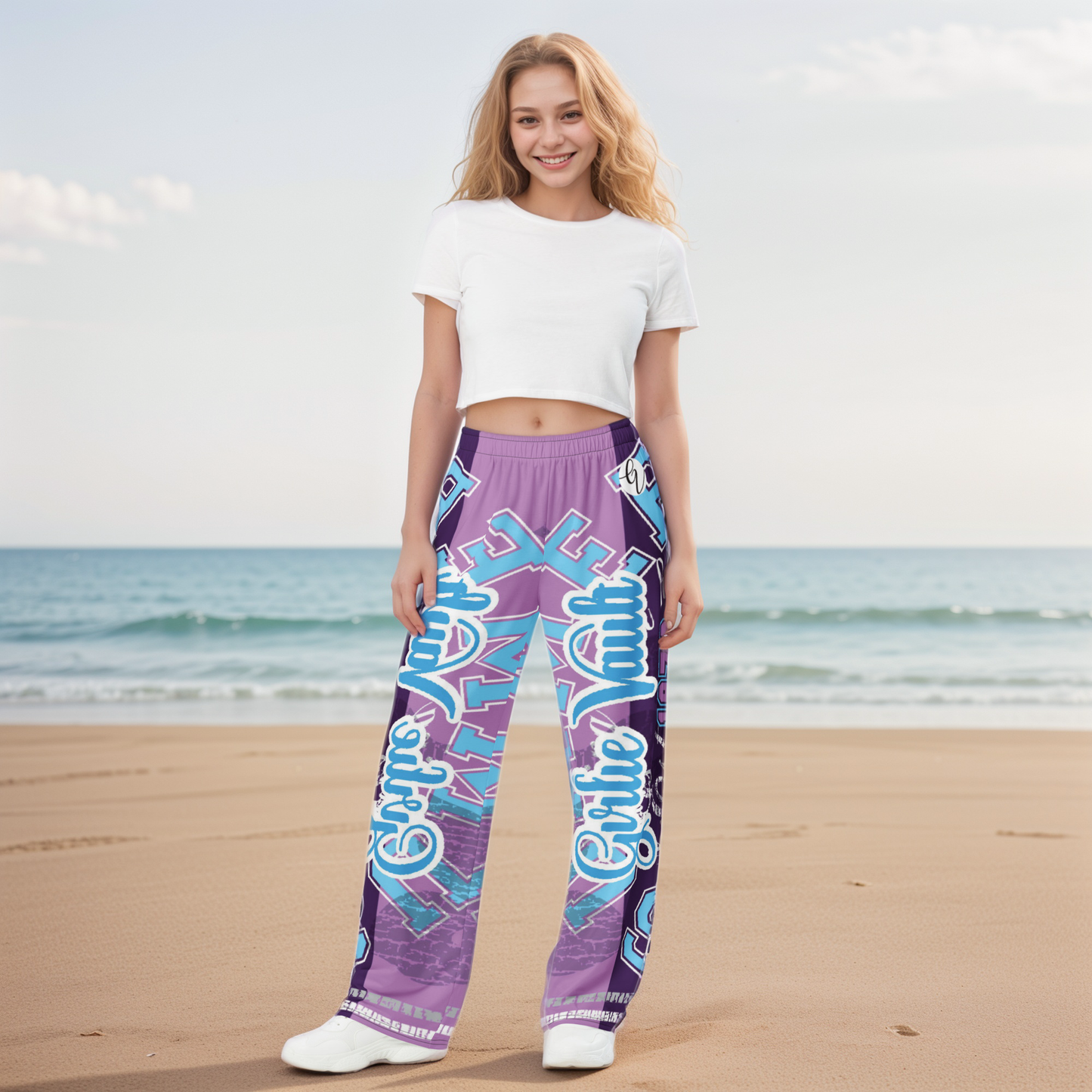 Purple Letters Wide-Leg Pants