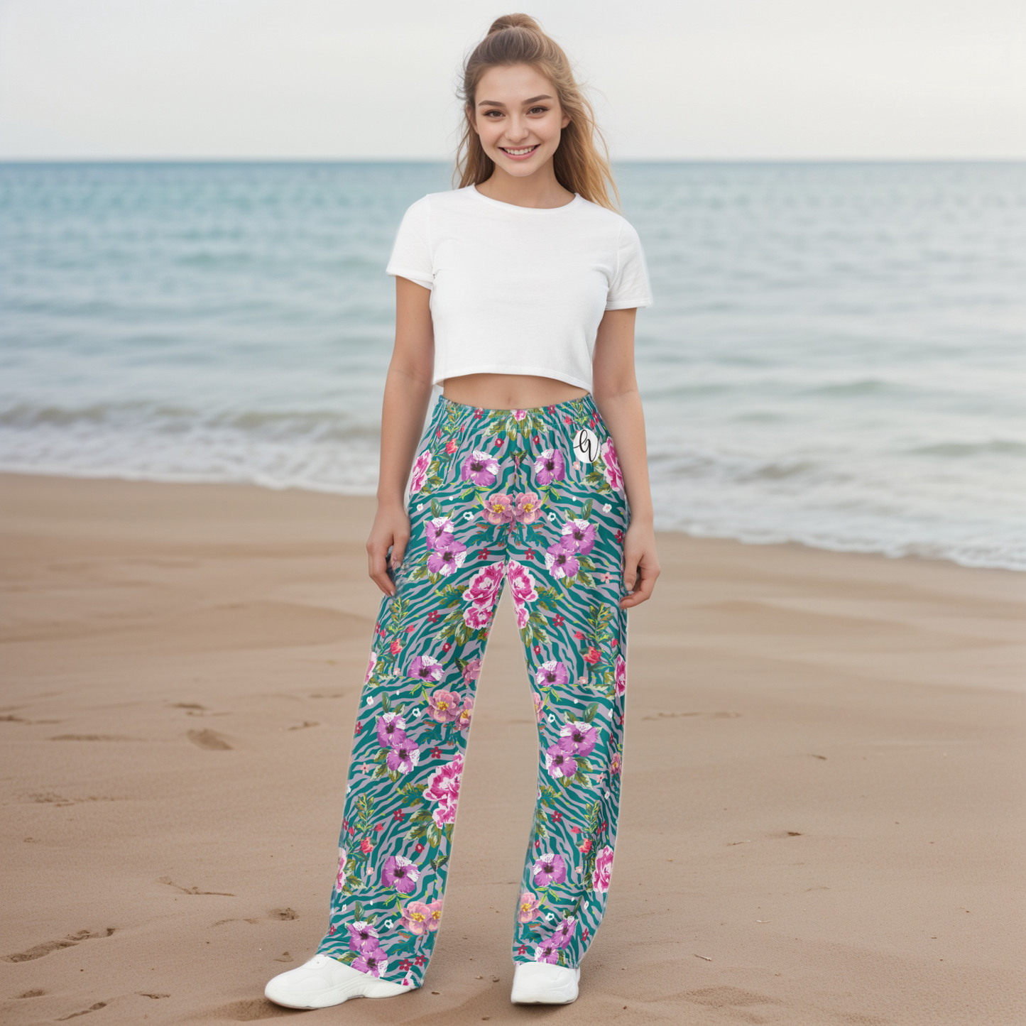 Orchid Floral Pattern Wide-Leg Pants