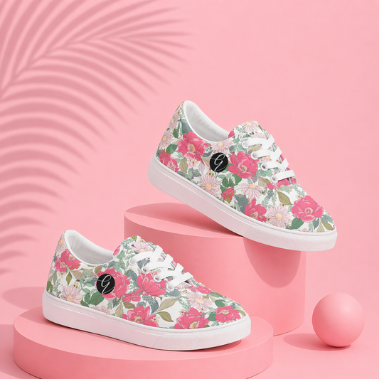 Iguana Green Peonies Lace-up Canvas Shoes