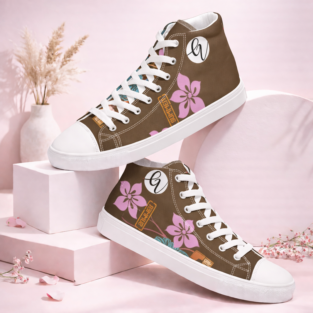 Brown Flowers high top canvas shoes