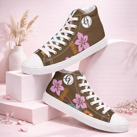 Brown Flowers high top canvas shoes