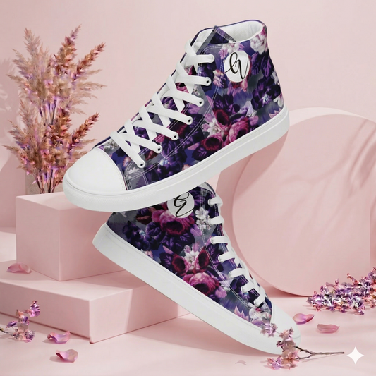 Purple White Flowers high top canvas shoes