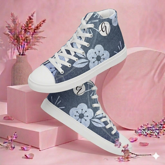 Grey Flower high top canvas shoes