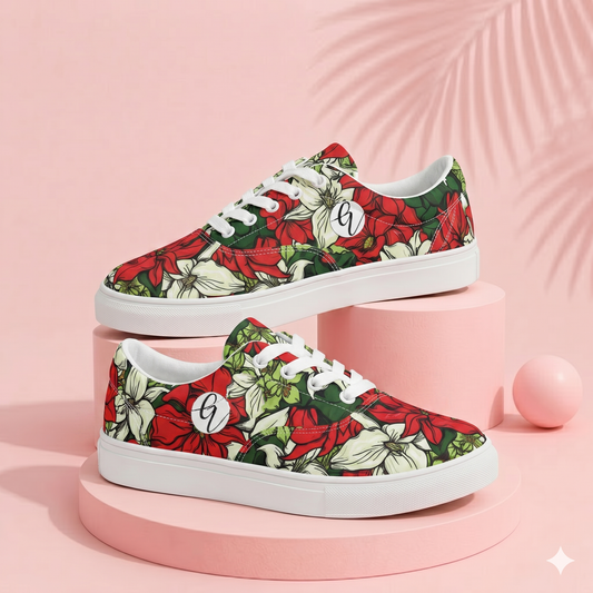 Red Color Floral Lace-up Canvas Shoes