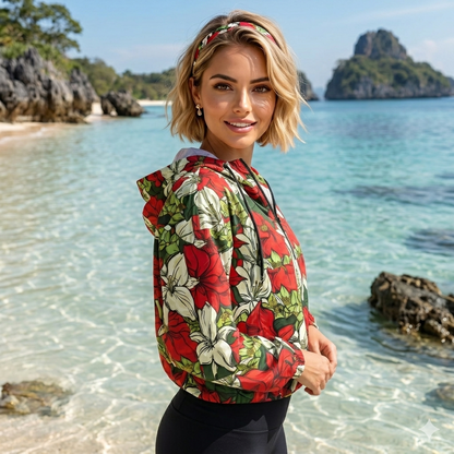 Red Color Floral Cropped Windbreaker