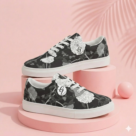 Noir Bloom Lace-up Canvas Shoes