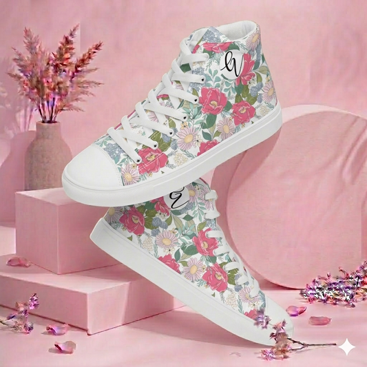 Iguana Green Peonies high top canvas shoes
