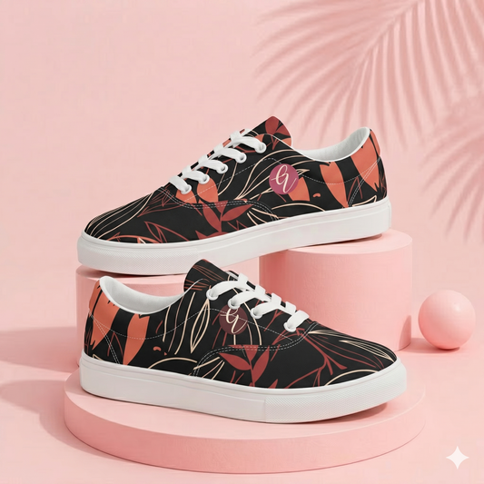 Palm Black Leaves Lace-up Canvas Shoes