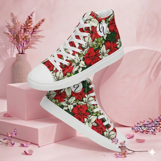 Red Color Floral high top canvas shoes