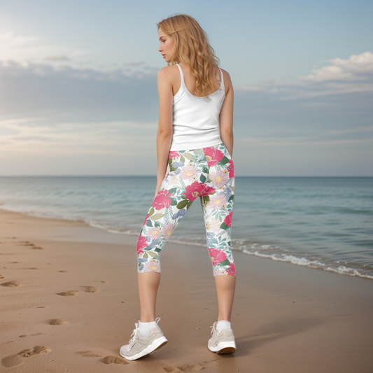 Iguana Green Peonies Floral Capri Leggings