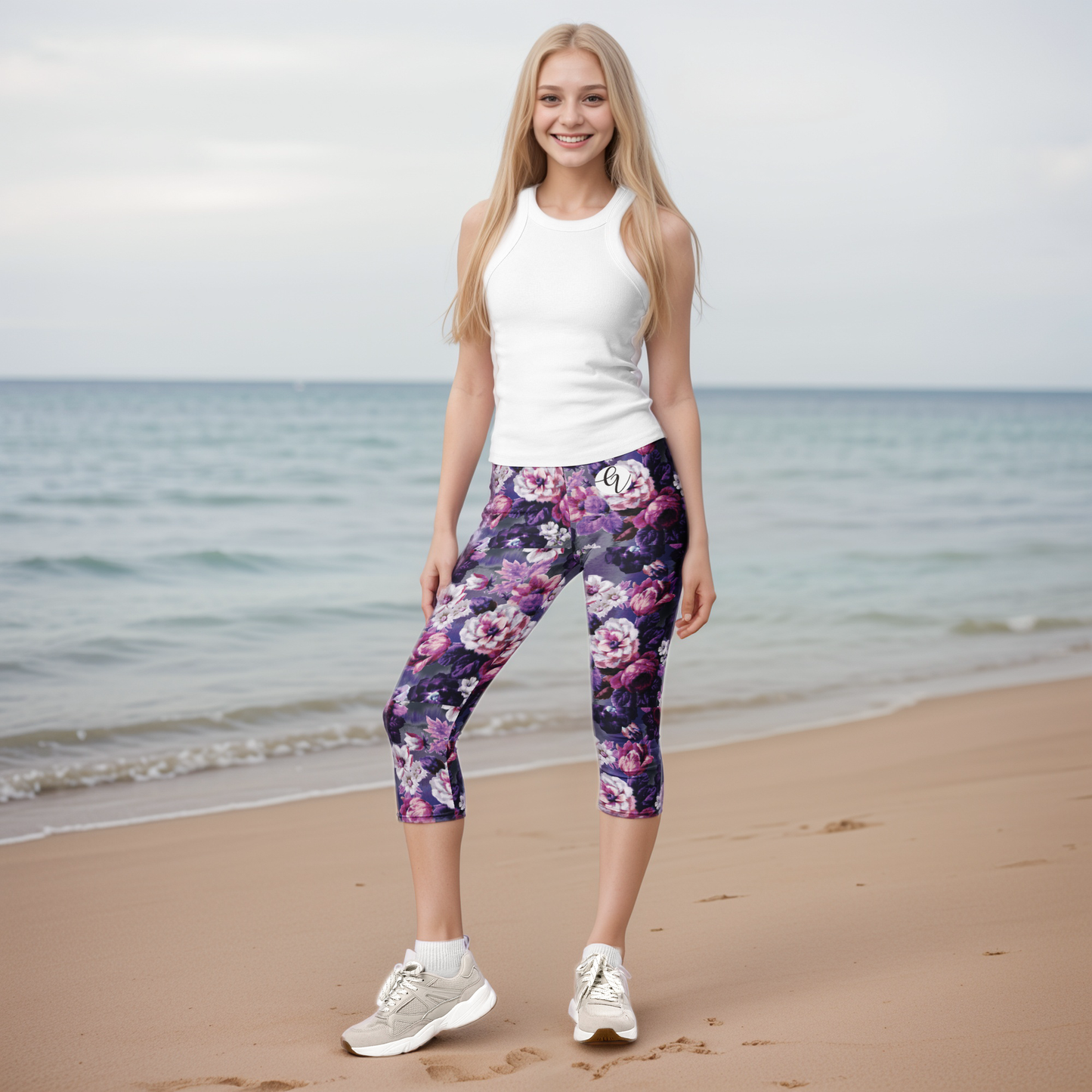 Purple White Flowers Capri Leggings