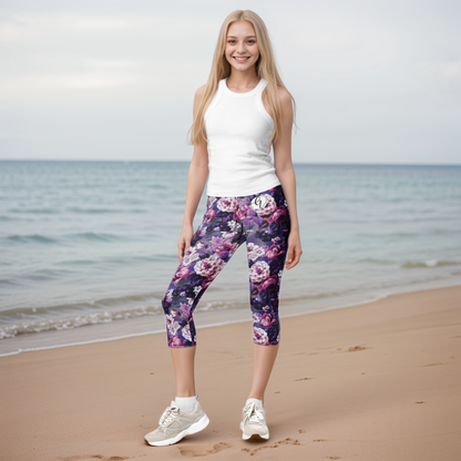 Purple White Flowers Capri Leggings