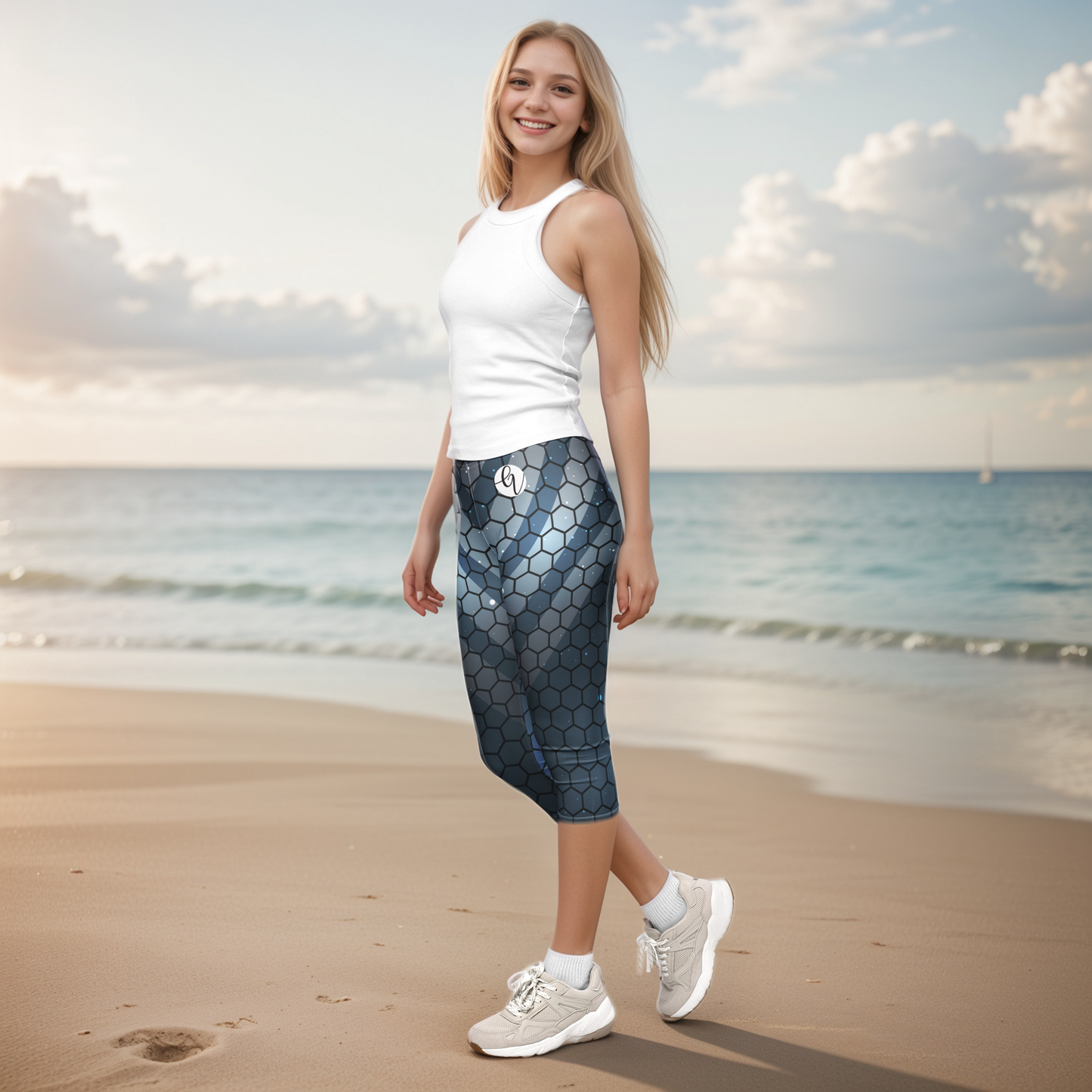 Blue Hexagon Capri Leggings