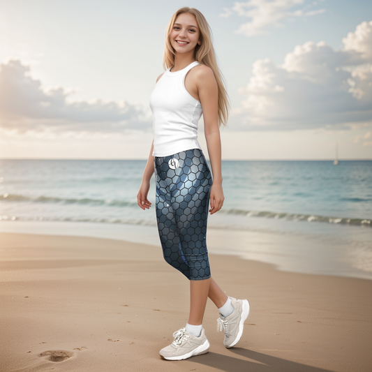 Blue Hexagon Capri Leggings