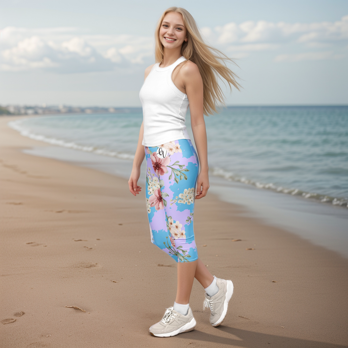 Leaves And Floral Blossom Capri Leggings